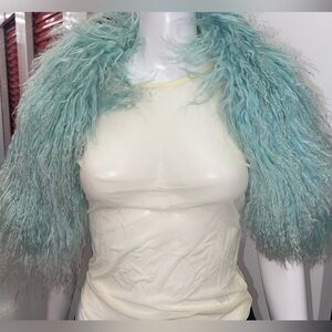 Luxurious Mint Green Faux Mongolian collar